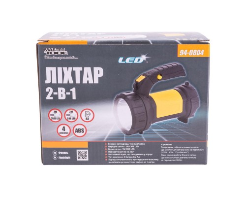 Яркие светодиоды, технология LED передний свет - 3W CREE LED/130 lumen боковой свет - 3W COB LED/200 lumen поворотная ручка на 360° металлический подвес, складывающийся в корпус тип питания: 4 батарейки AА корпус изготов